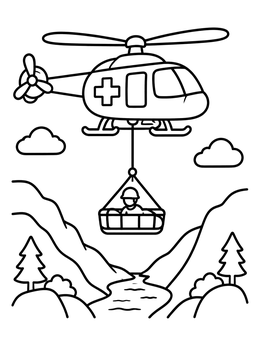 Free printable Rescue Helicopter Over Mountain Valley coloring page