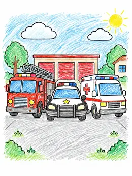 Emergency Vehicles Station Trio Coloring Page