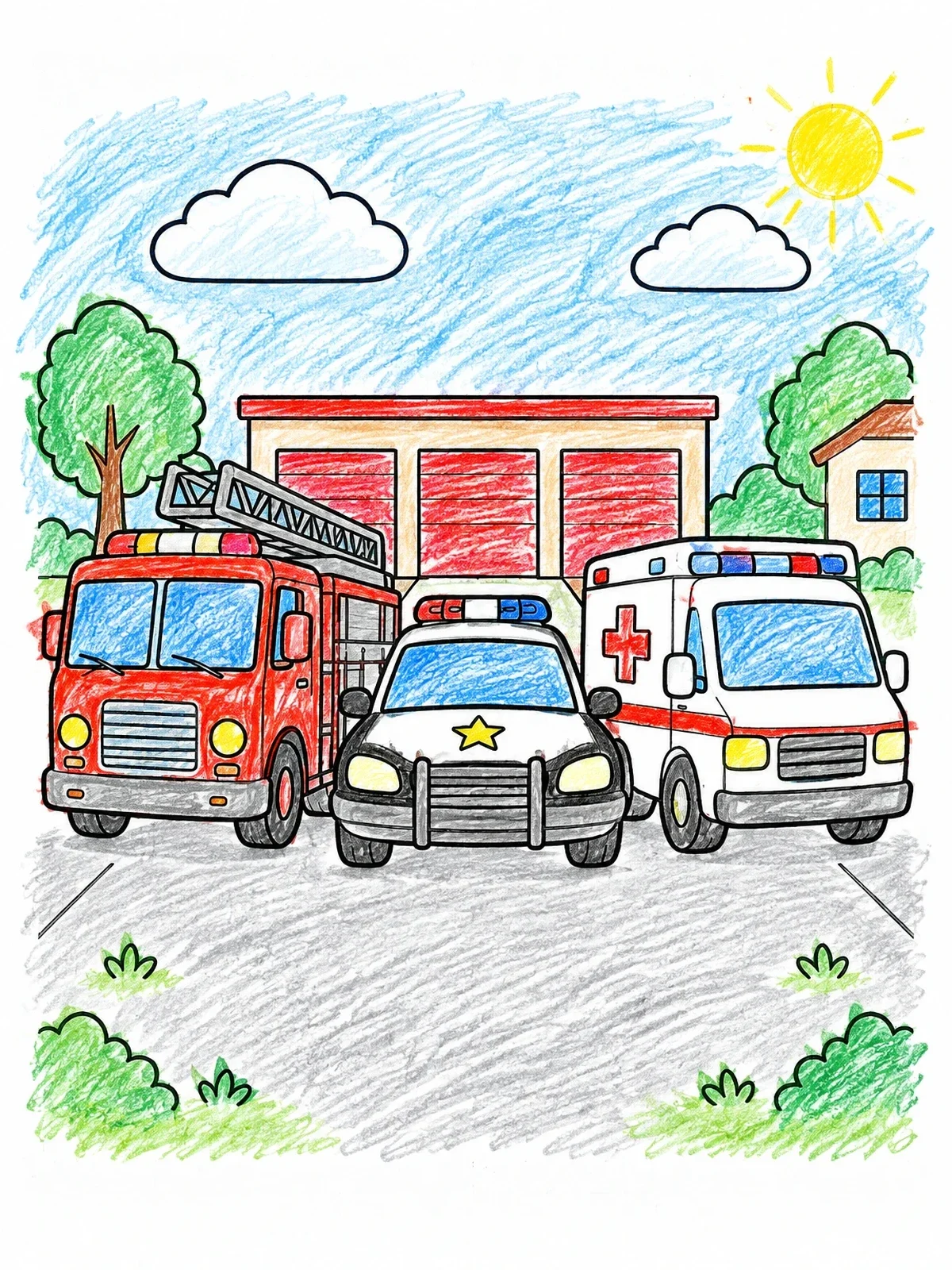 Colored example of the Emergency Vehicles Station Trio coloring page
