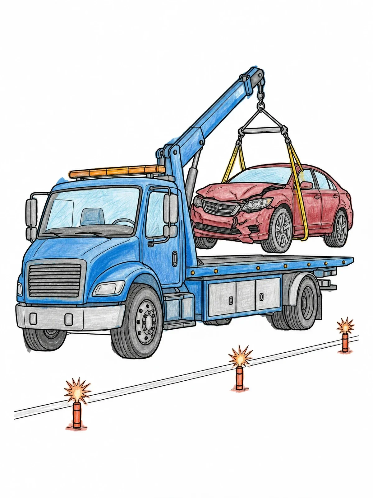 Colored example of the Tow Truck Lifting Damaged Car coloring page