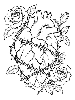 Anatomical heart entwined with barbed wire and roses in this emo coloring page.