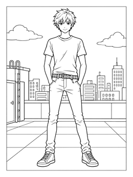 An anime boy with a studded belt on a rooftop in this emo coloring page.