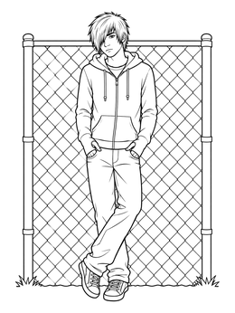 An emo coloring page showing a teenage boy in a zip hoodie leaning against a chain-link fence.