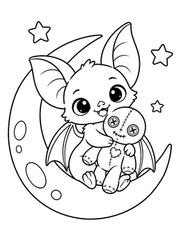 Cute emo coloring page showing a little bat holding a stitched doll on a crescent moon.