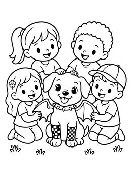 Four happy children petting a winged puppy in this emo coloring page.