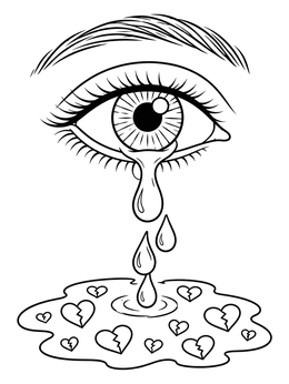 Detailed crying eye above a puddle of broken hearts in this emo coloring page.