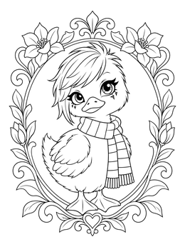 A cute emo coloring page featuring a duckling with side bangs in an ornate frame.