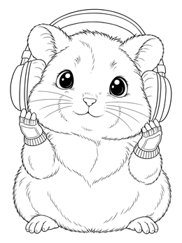 Cute emo coloring page showing a round hamster wearing headphones and fingerless gloves.