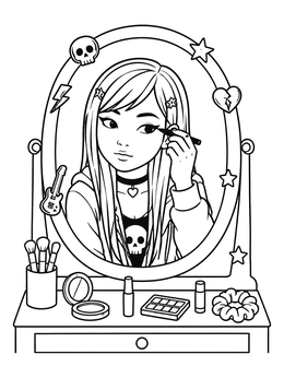 Free printable Emo Girl Applying Vanity Makeup coloring page