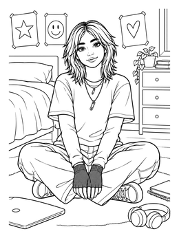 An emo coloring page of a girl with layered hair sitting cross-legged in her room.