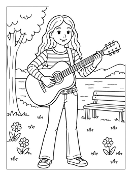 Free printable Girl With Guitar By The Lake coloring page
