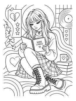 An emo coloring page showing a stylish girl reading a song lyrics notebook in combat boots.