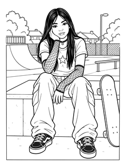 An emo coloring page showing a stylish girl resting on a ledge at a suburban skate park.