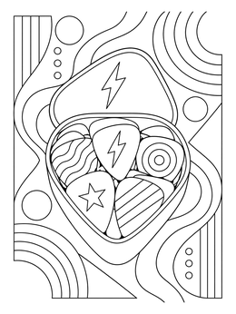 An emo coloring page featuring a decorative case packed with patterned guitar picks.