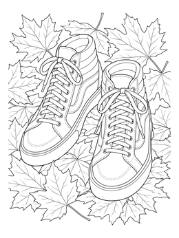 A pair of high-top skate sneakers rests among fallen maple leaves in this emo coloring page.