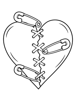 A broken heart held together with stitches and safety pins on this emo coloring page.