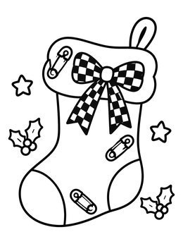 An emo coloring page showing a holiday stocking decorated with safety pins and a checkered ribbon.