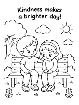 Free printable Boy Comforting Friend On Park Bench coloring page