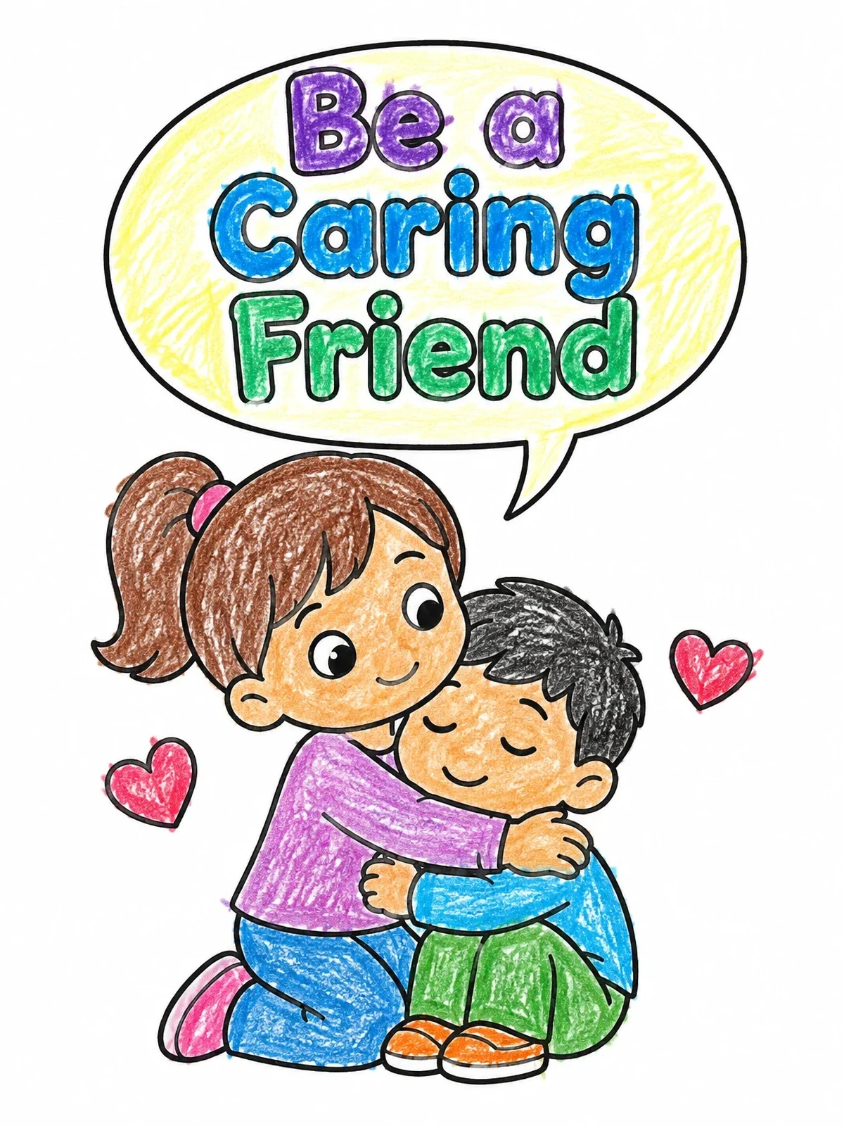 Colored example of the A Caring Friend Giving A Hug coloring page