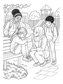 Children support a sad friend on this empathy coloring page on a playground.