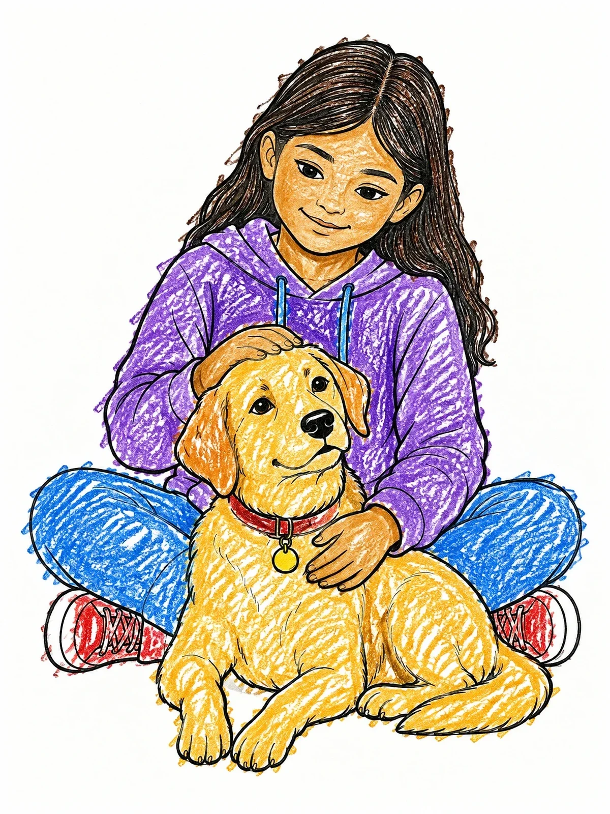 Colored example of the Girl Gently Petting Her Dog coloring page