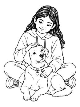 A smiling girl softly petting a resting puppy in this empathy coloring page.