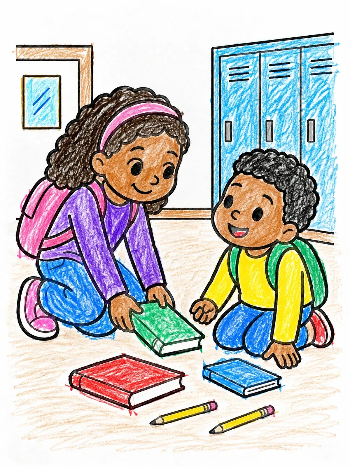 Colored example of the Helping A Friend At School coloring page
