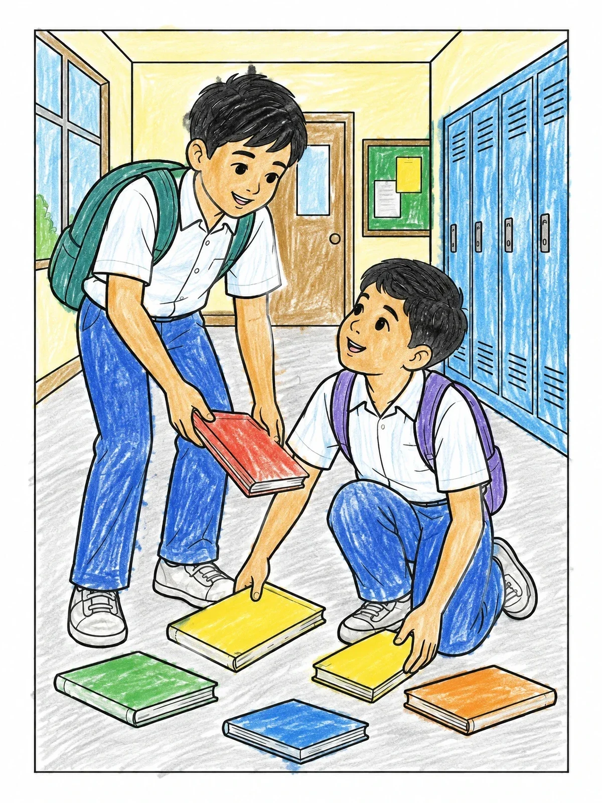 Colored example of the Helping A Classmate With Books coloring page