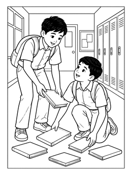Two boys picking up fallen books together in an empathy coloring page.