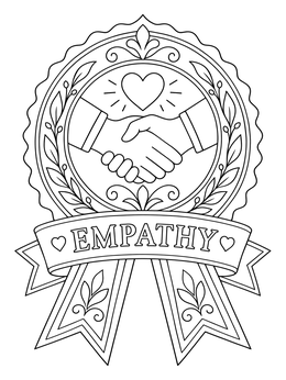An empathy coloring page featuring a decorative ribbon badge with a handshake and heart.