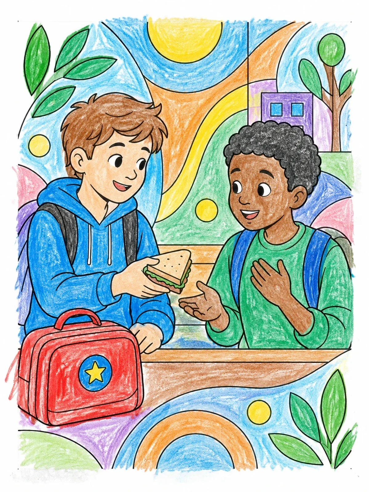 Colored example of the Sharing Lunch With A Friend coloring page
