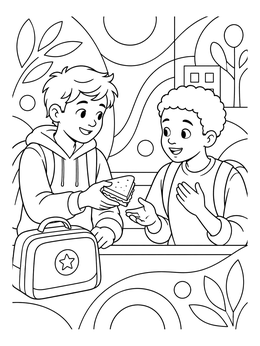 Two boys sharing a sandwich at a table in an empathy coloring page.