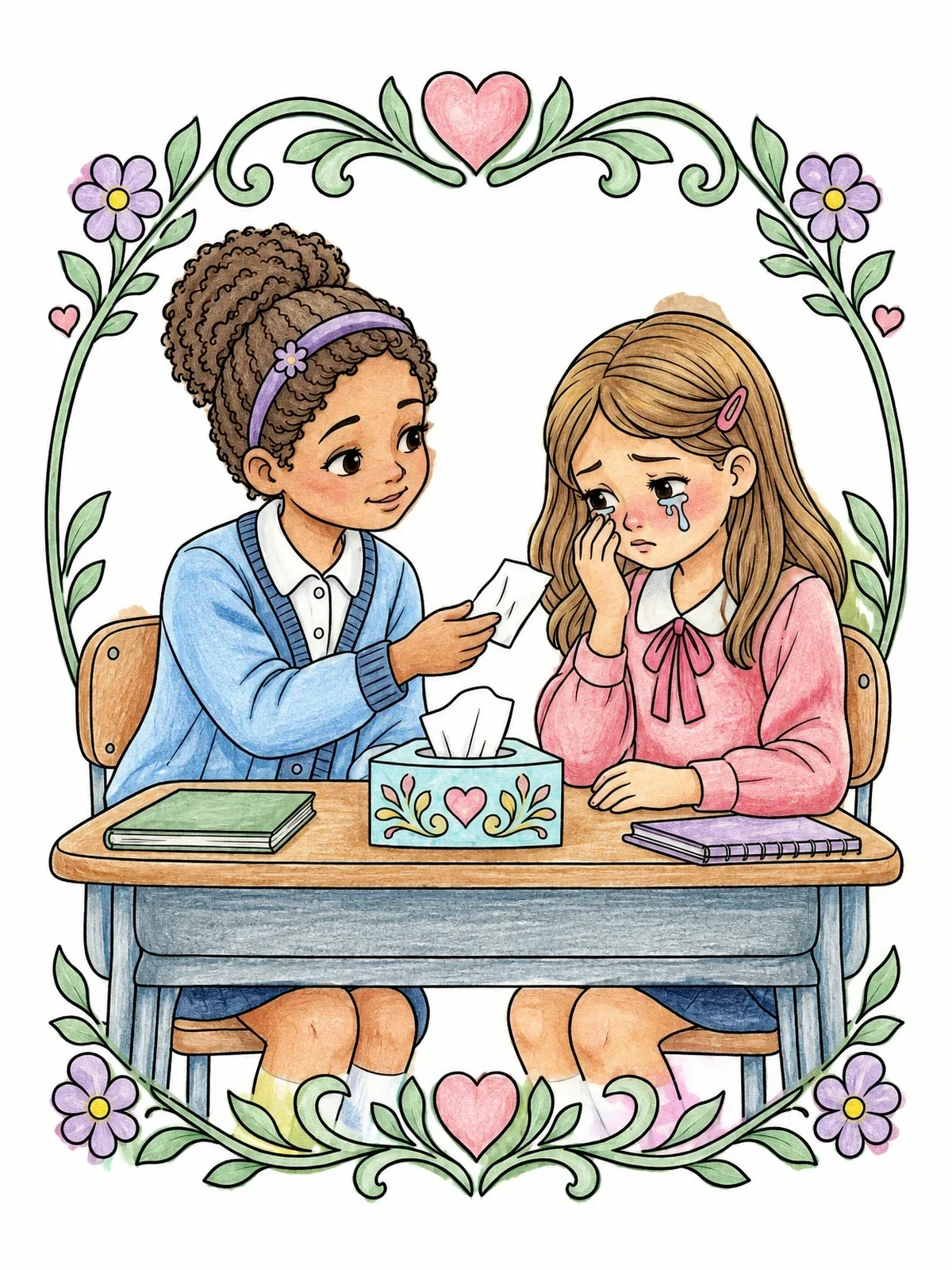 Colored example of the Sharing A Tissue At School Desk coloring page
