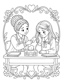 A girl offers a tissue to her crying classmate in this empathy coloring page framed with hearts and vines.