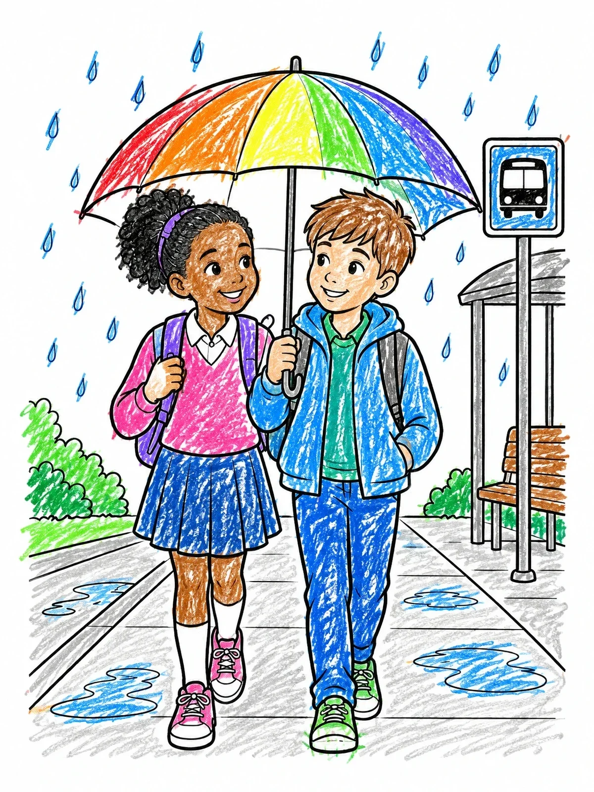 Colored example of the Sharing An Umbrella In The Rain coloring page