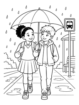 Kind students walking together in the rain on this empathy coloring page.