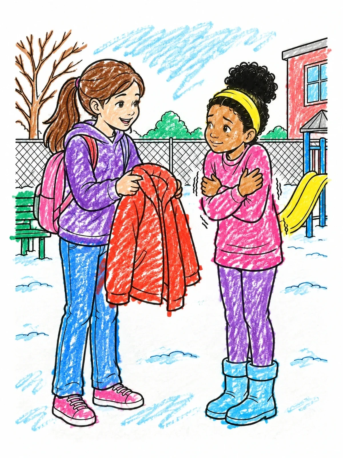 Colored example of the Sharing A Warm Jacket Outdoors coloring page