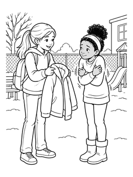 A kind girl offering her warm jacket to a cold friend on this empathy coloring page.