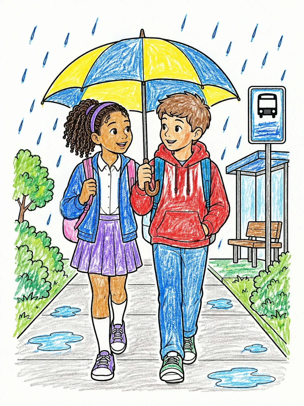 Colored example of the Sharing An Umbrella To The Bus Stop coloring page