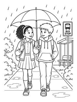 Two students walk together under an umbrella in this empathy coloring page.
