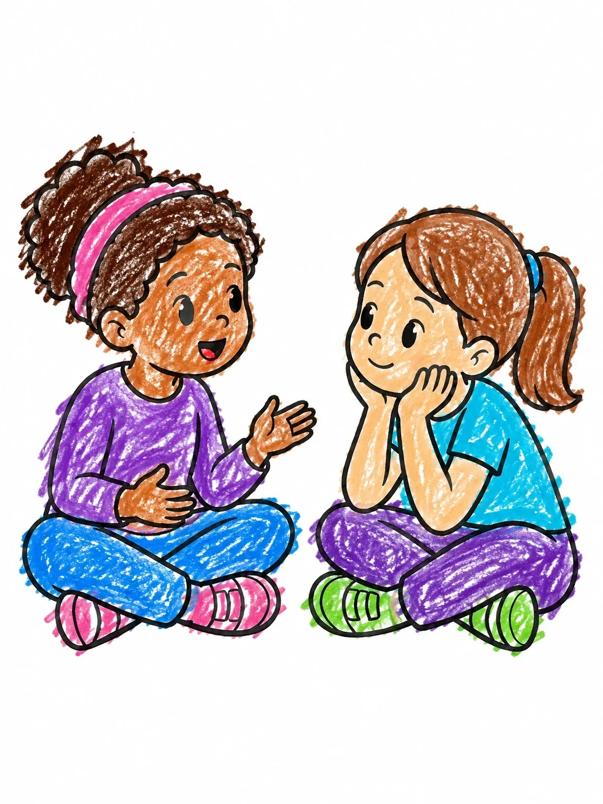 Colored example of the Two Friends Listening And Talking coloring page