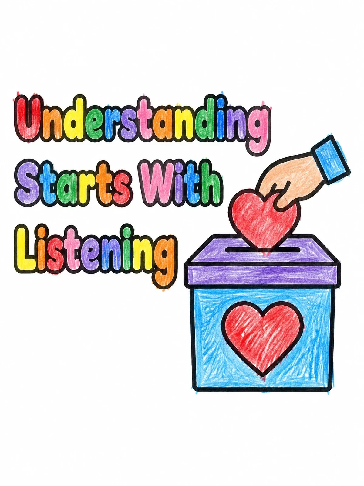 Colored example of the Understanding Starts With Listening Donation Box coloring page