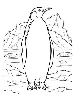An emperor penguin stands on ice in this penguin coloring page with rocky icebergs in the background.