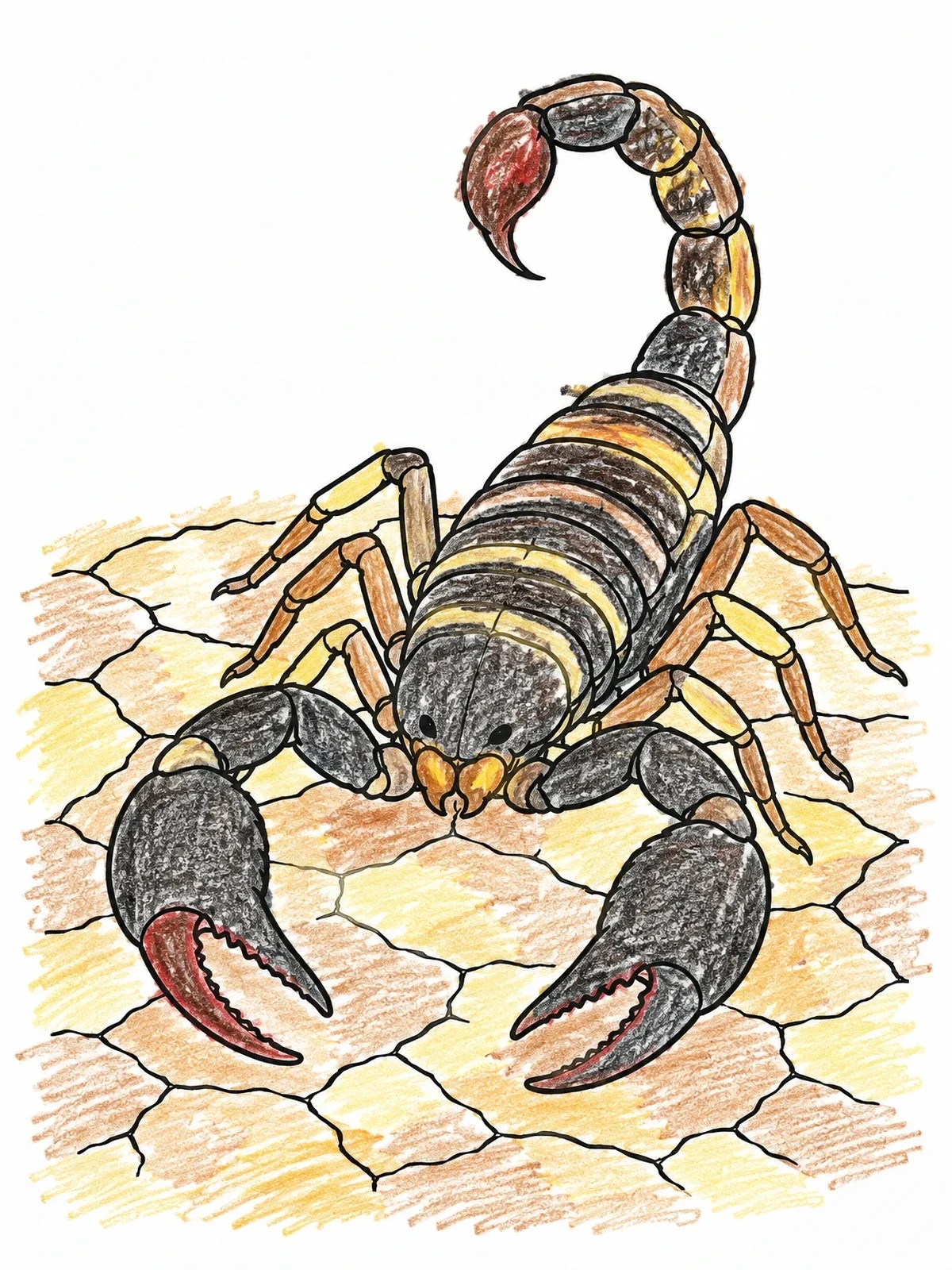 Colored example of the Emperor Scorpion On Cracked Earth coloring page