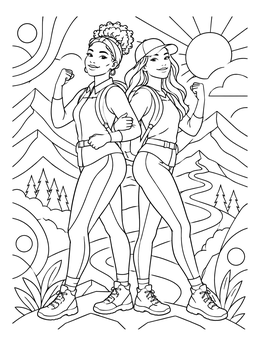 Free printable Confident Hikers On Mountain Peak coloring page