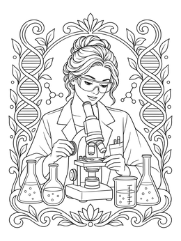 An empowering coloring page of a woman scientist adjusting a microscope surrounded by lab glassware.