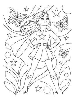 A young girl in a cape strikes a confident pose on this empowering coloring page.