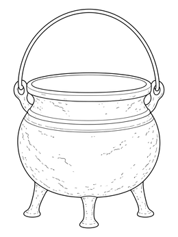 A classic cauldron coloring page featuring a textured iron pot on three legs with an overhead handle.