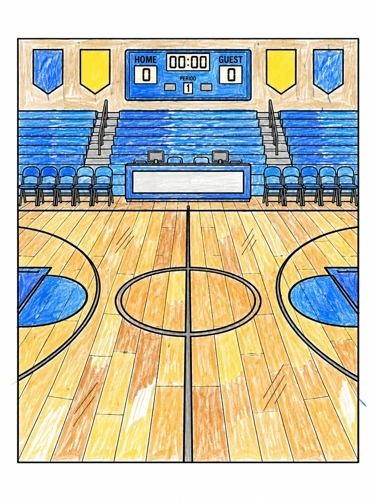 Colored example of the Empty Gymnasium Basketball Court coloring page