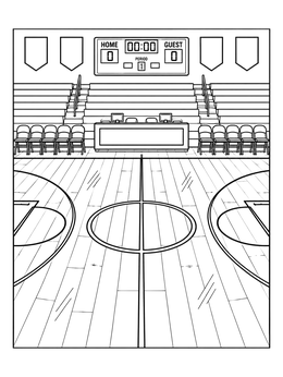 Empty gymnasium and basketball court coloring page with bleachers and scoreboard.